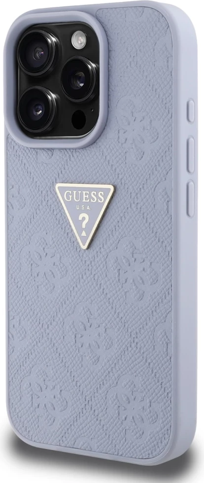 Mbështjellës Guess Hot Stamp 4G Pattern Triangle Metal Logo për iPhone 16 Pro Max, Vjollcë