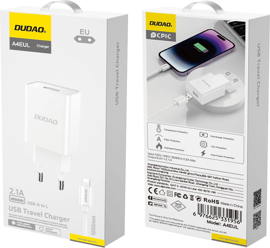 Karikues muri Dudao A4EU me USB-A 2.1A, me kabllo USB-A në Lightning, Bardhë