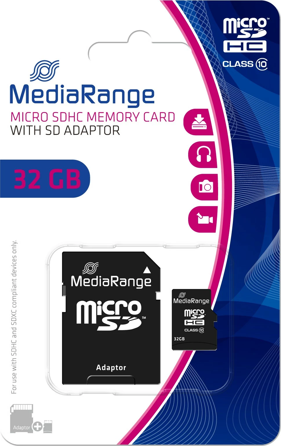 MicroSDHC kartelë MediaRange 32GB, Class 10, me adapter, e zezë