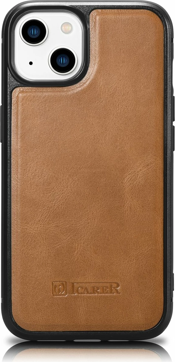 Mbështjellës iCarer për iPhone 14, lëkurë natyrale, Kafe