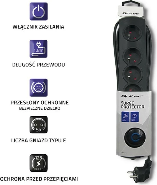 Kasë Qoltec 50269 me 5 dalje, 1.8m, e zezë