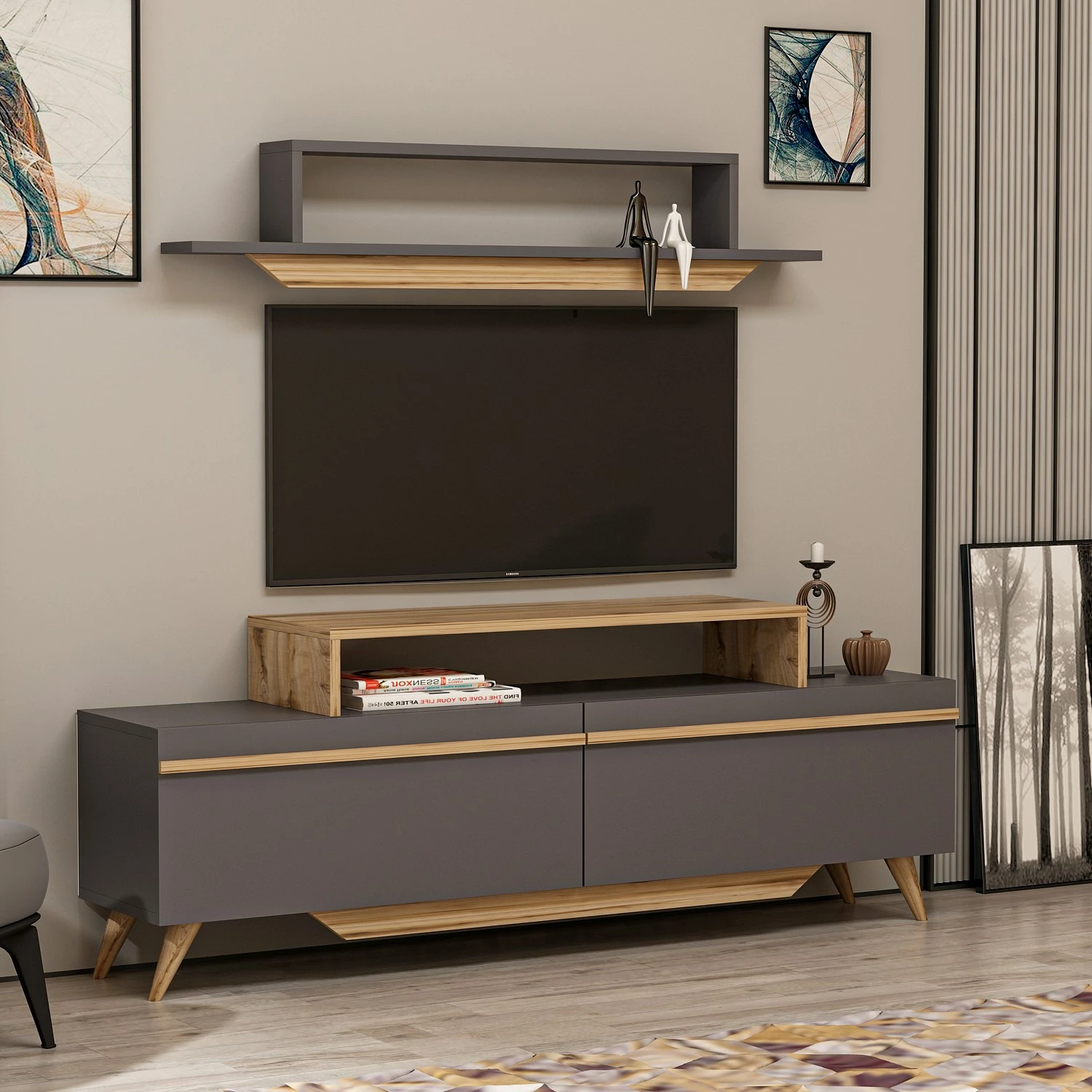 Komodë TV Hanah Home, model Harmony - Ciragan, ngjyrë antracit dhe arre
