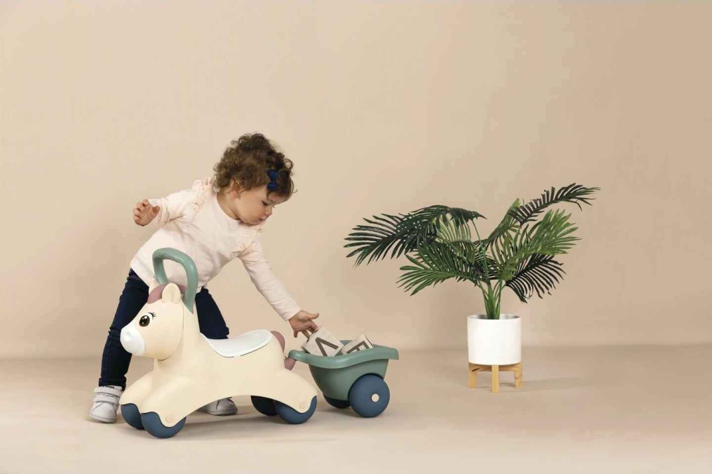 Jezdik lodër Smoby Baby Pony 7600140502, plastikë, bezhë/gri/e bardhë, me rimorkio