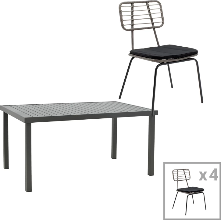 Tavolinë me karrige për terasë Naoki-Kliton A, metal i zi, alumin antracit, set prej 5 pjesësh, 150x80x74cm