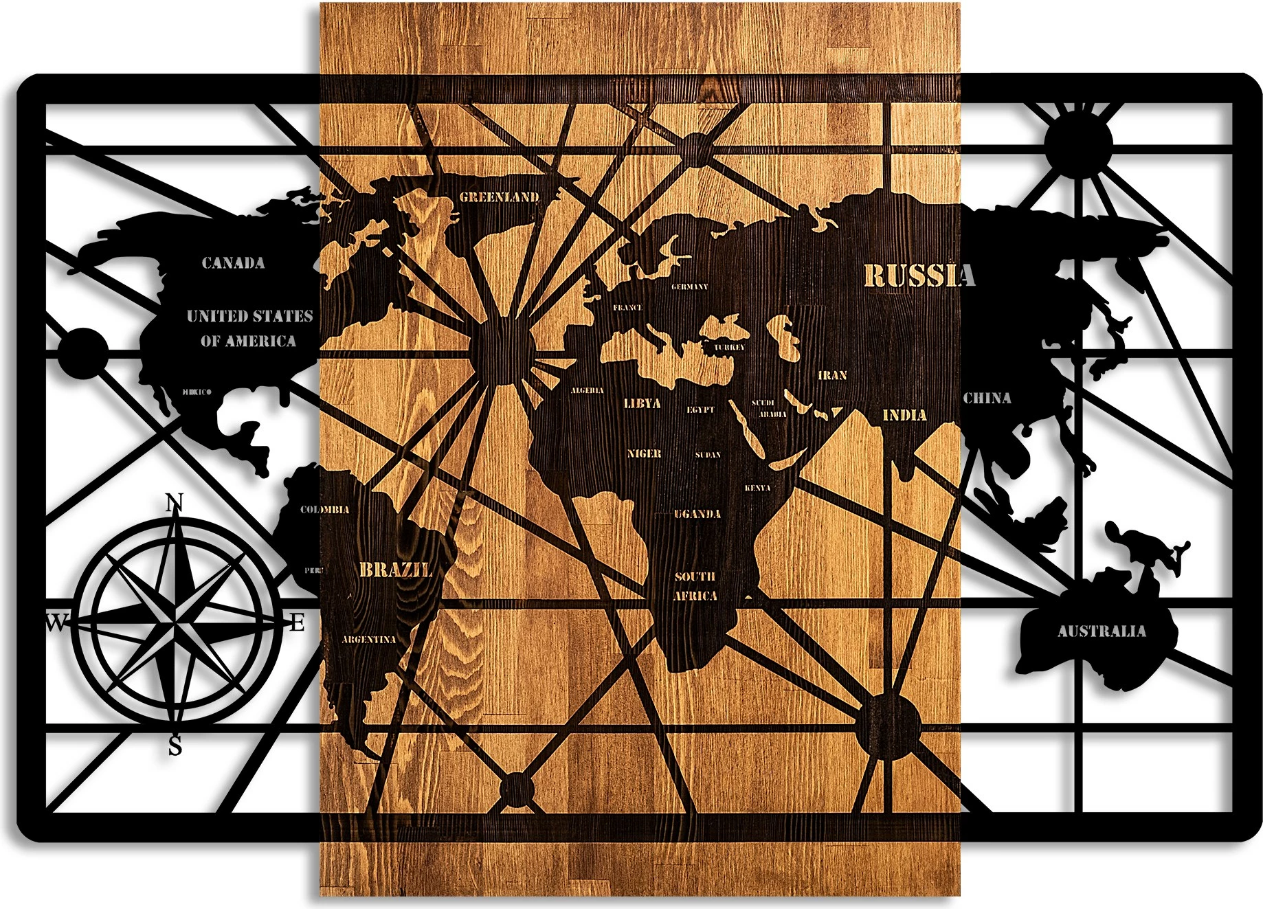 Aksesor dekorativ muri prej druri, hartë bote, Wallity, 6-L, ngjyrë arre dhe e zezë, 70x96cm