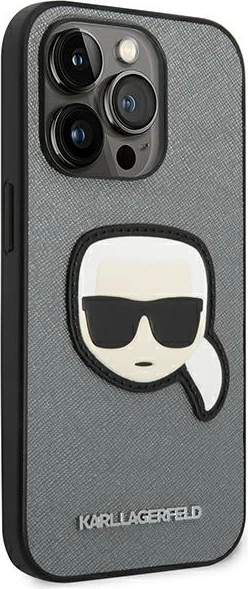 Mbështjellës Karl Lagerfeld KLHCP14XSAPKHG për iPhone 14 Pro Max 6.7", hardcase, Saffiano Karl's Head Patch, argjendtë
