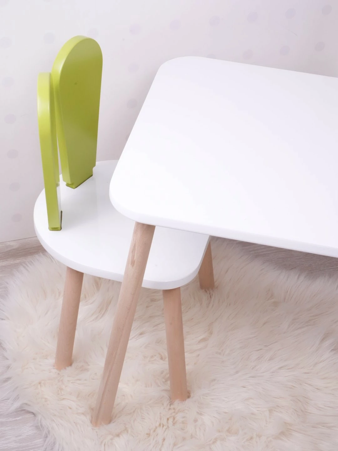 Set tavoline për fëmijë, dy karrige Bunny, ngjyrë jeshile fëstëku dhe e bardhë