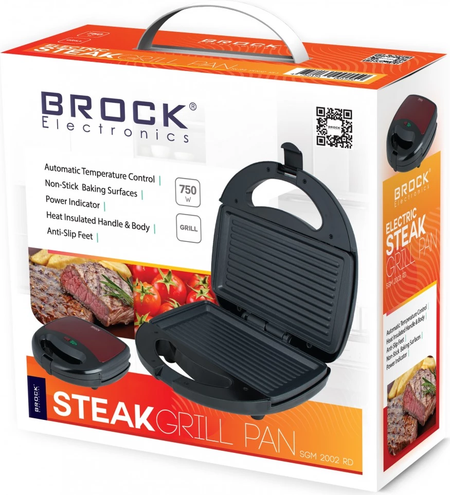 Toaster grill kontakti Brock SGM 2002 RD 750 W, pllakë anti-ngjitëse, termostat automatik, kuqe/zezë
