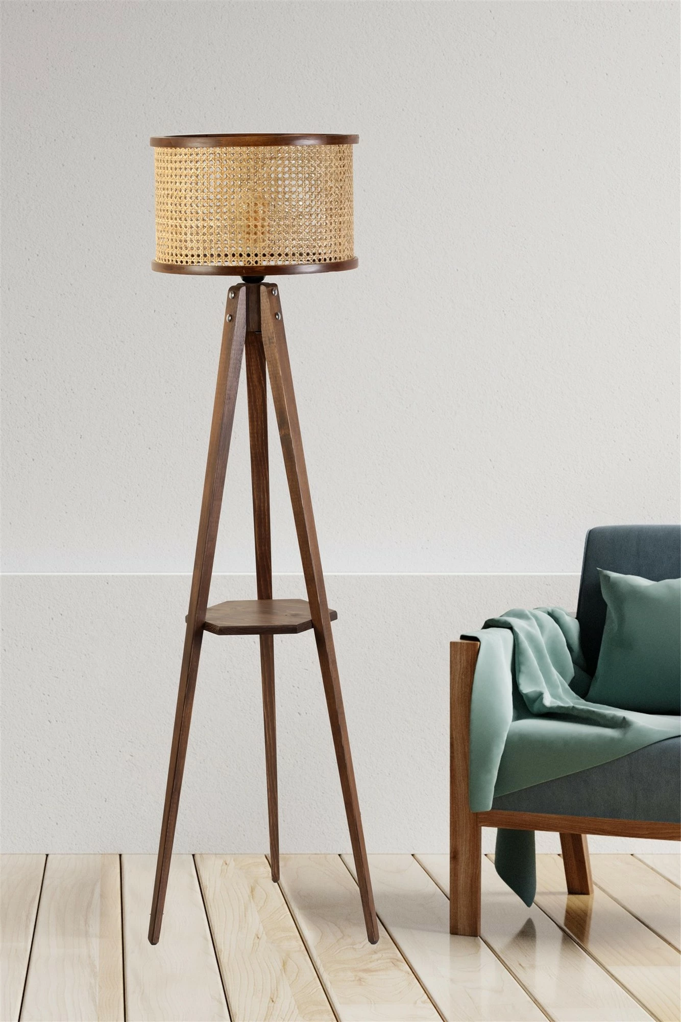 Llambë dyshemeje Opviq, ngjyrë ratan dhe arre, me rafte, cilindrike