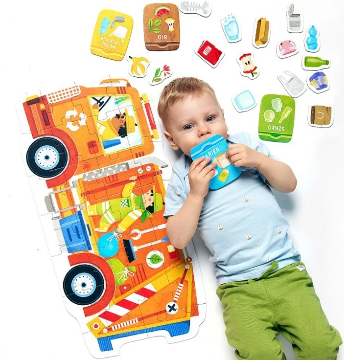 Puzzle edukativ CzuCzu Moto Garbage Truck, 26 pjesë, për fëmijë, portokalli