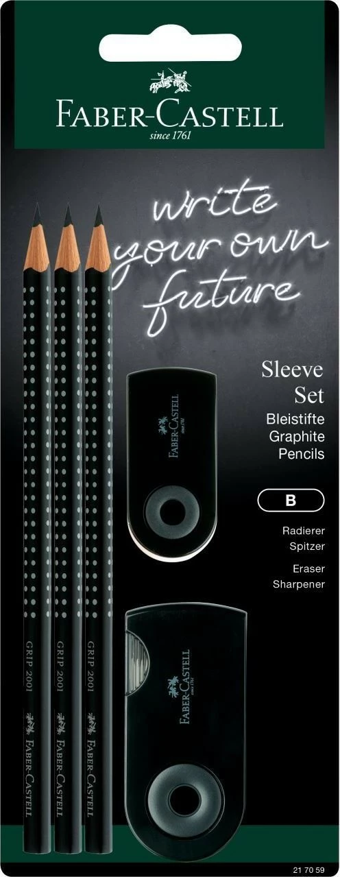 Set lapsa grafiti Faber-Castell Sleeve, 3 copë, B, me gomë dhe mprehëse, e zezë