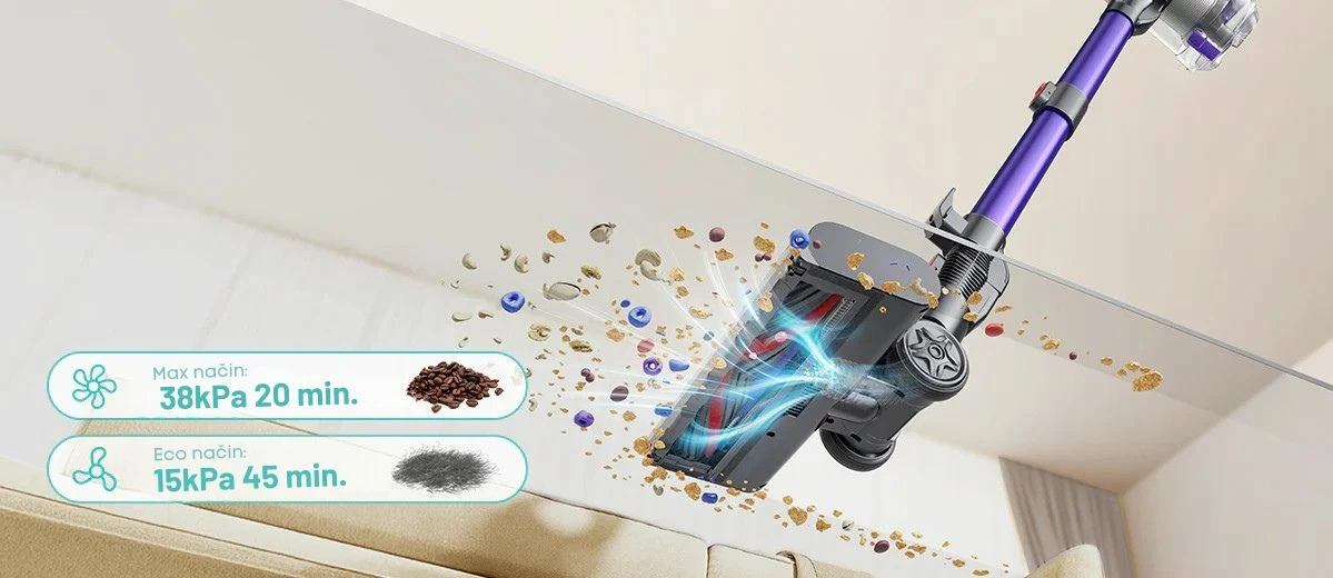 Fshesë vertikale pa kabllo Honiture Y10, 38 kPa, 500 W, bateri 22.2 V, 45 min, depo 1 L, HEPA 5-fazore, vjollcë/zi