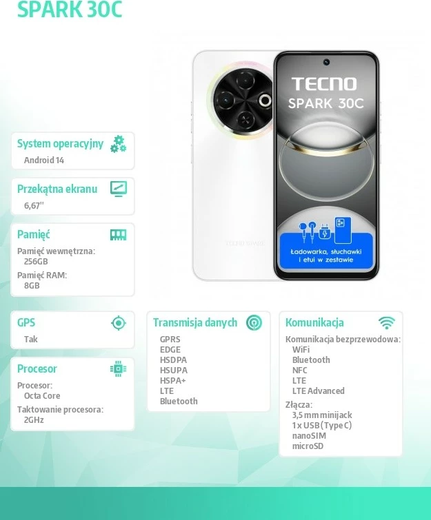 Celular TECNO Spark 30C, 8GB RAM, 256GB, Orbit White me set aksesorësh