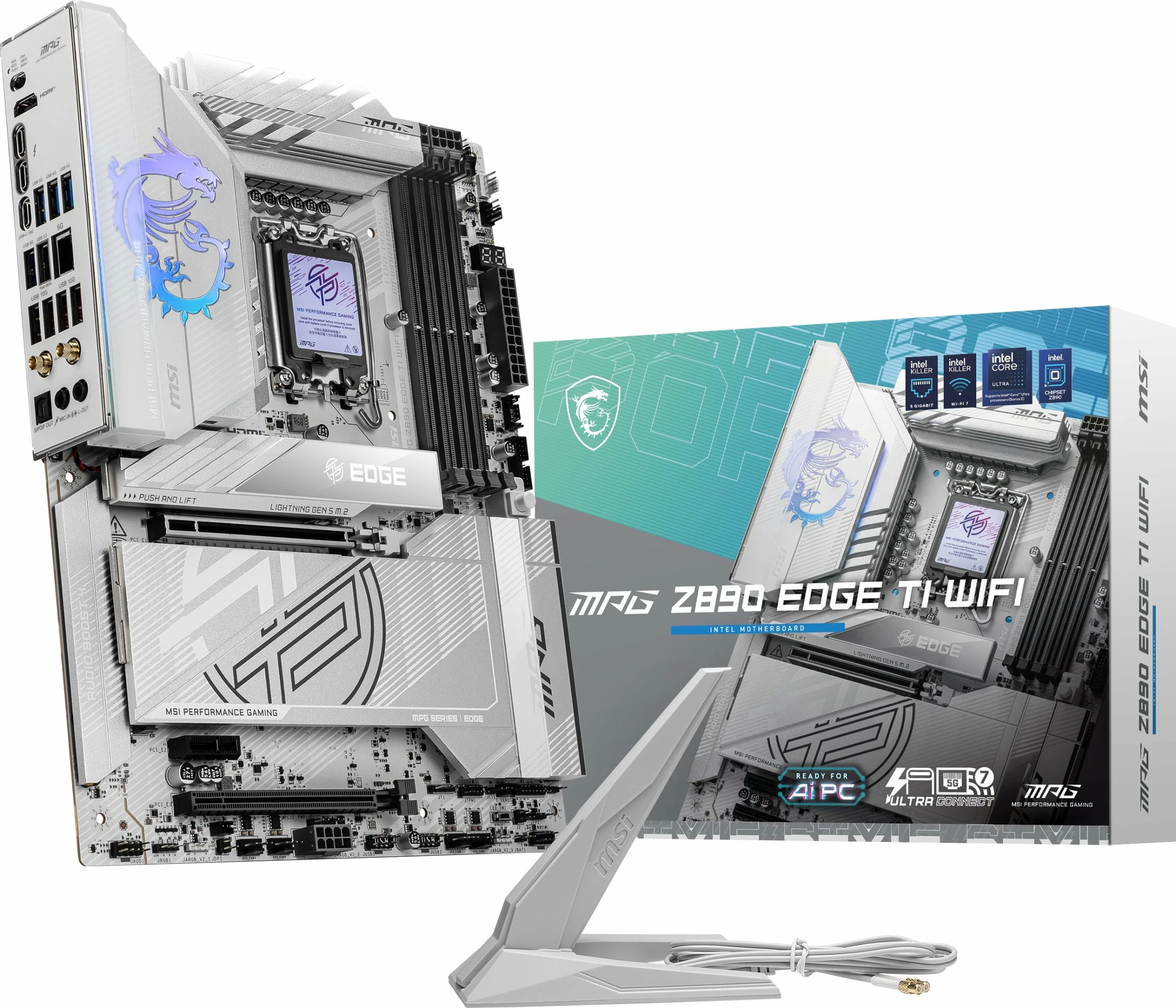 Pllakë amë MSI MPG Z890 EDGE TI WIFI, ATX, Intel Z890, LGA1851, DDR5 256GB, Wi‑Fi 7, bardhë/argjendtë