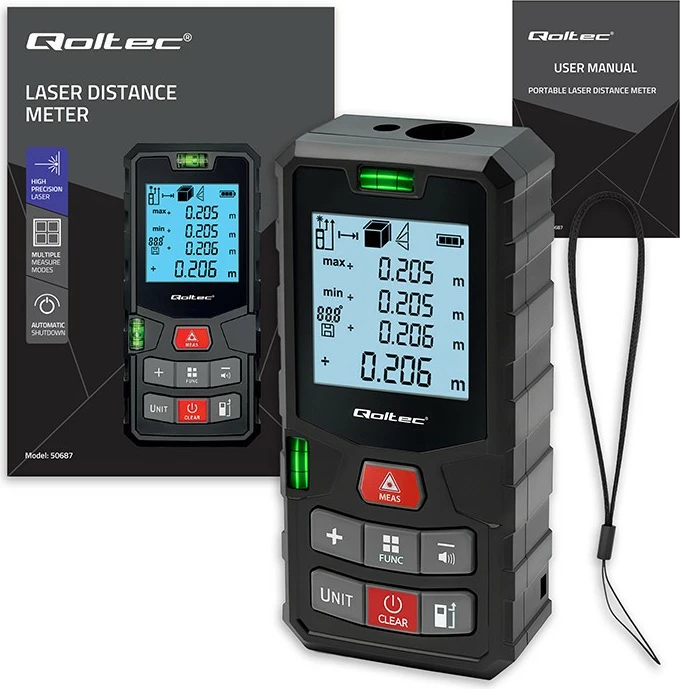 Matës distancash me lazer Qoltec 50687, LCD i ndriçuar, 120m, i zi/kuq