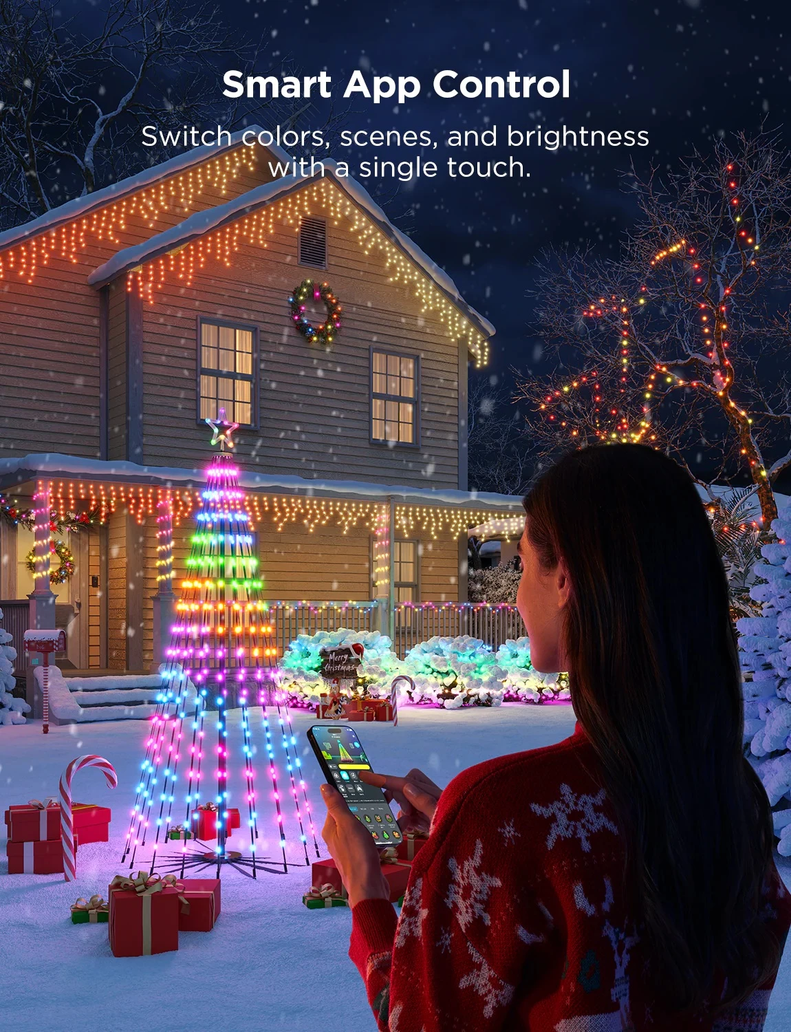 Drita dekorative smart Govee Cone Tree Lights RGBIC, IP65, 66 skena, me kontroll zanor, multicolor, set me 6 kunja