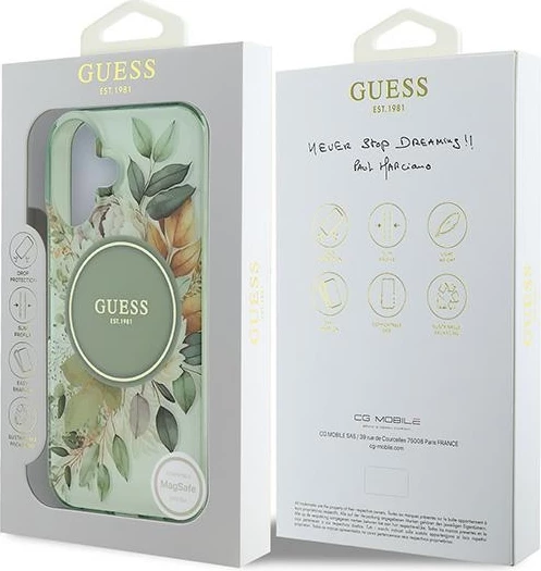 Mbështjellës Guess IML Flower & Tonal Circle MagSafe për iPhone 16 Plus, Gjelbër