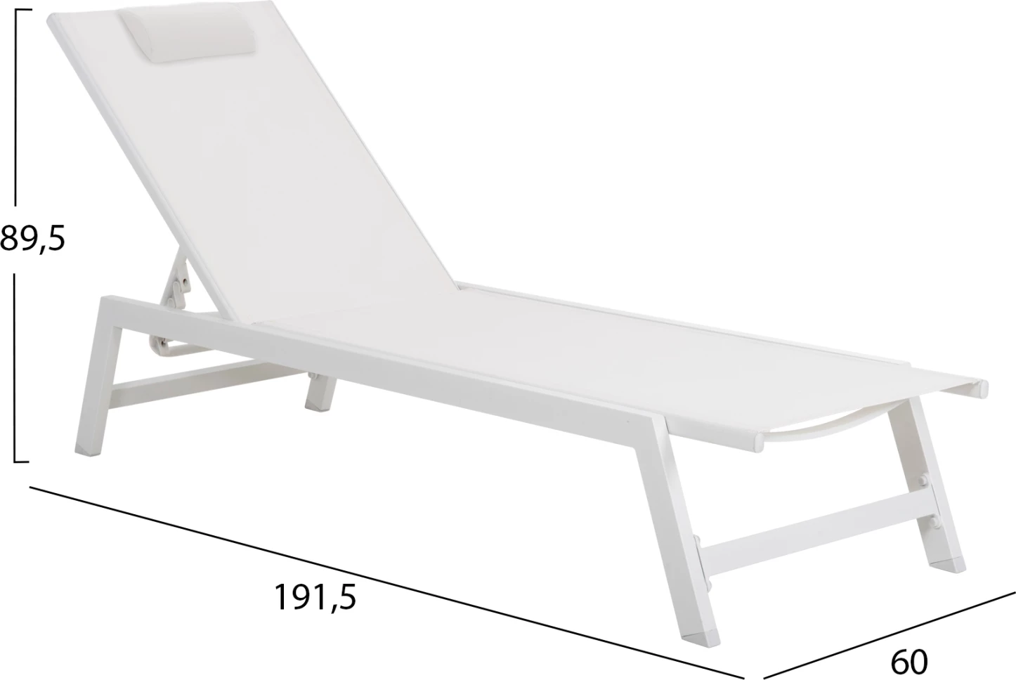 Shezlong alumini me mbështetëse koke RABIA FH5982.01, ngjyrë bardhë, 191,5x60x89,5Hcm