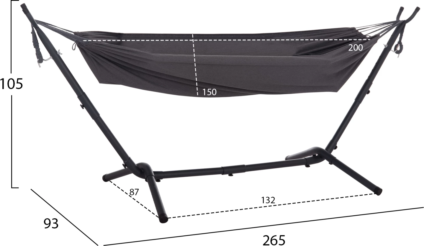 Hamake CRAVE, kornizë metalike antracit, pëlhurë gri e errët, 265x93x105cm