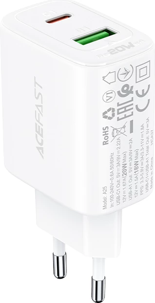 Karikues muri Acefast A25, 20W, USB-C/USB-A, i bardhë