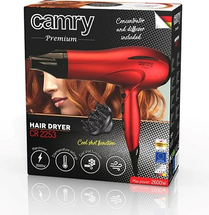 Tharëse për flokë Adler Camry CR 2253, 2400W, e kuqe/zezë