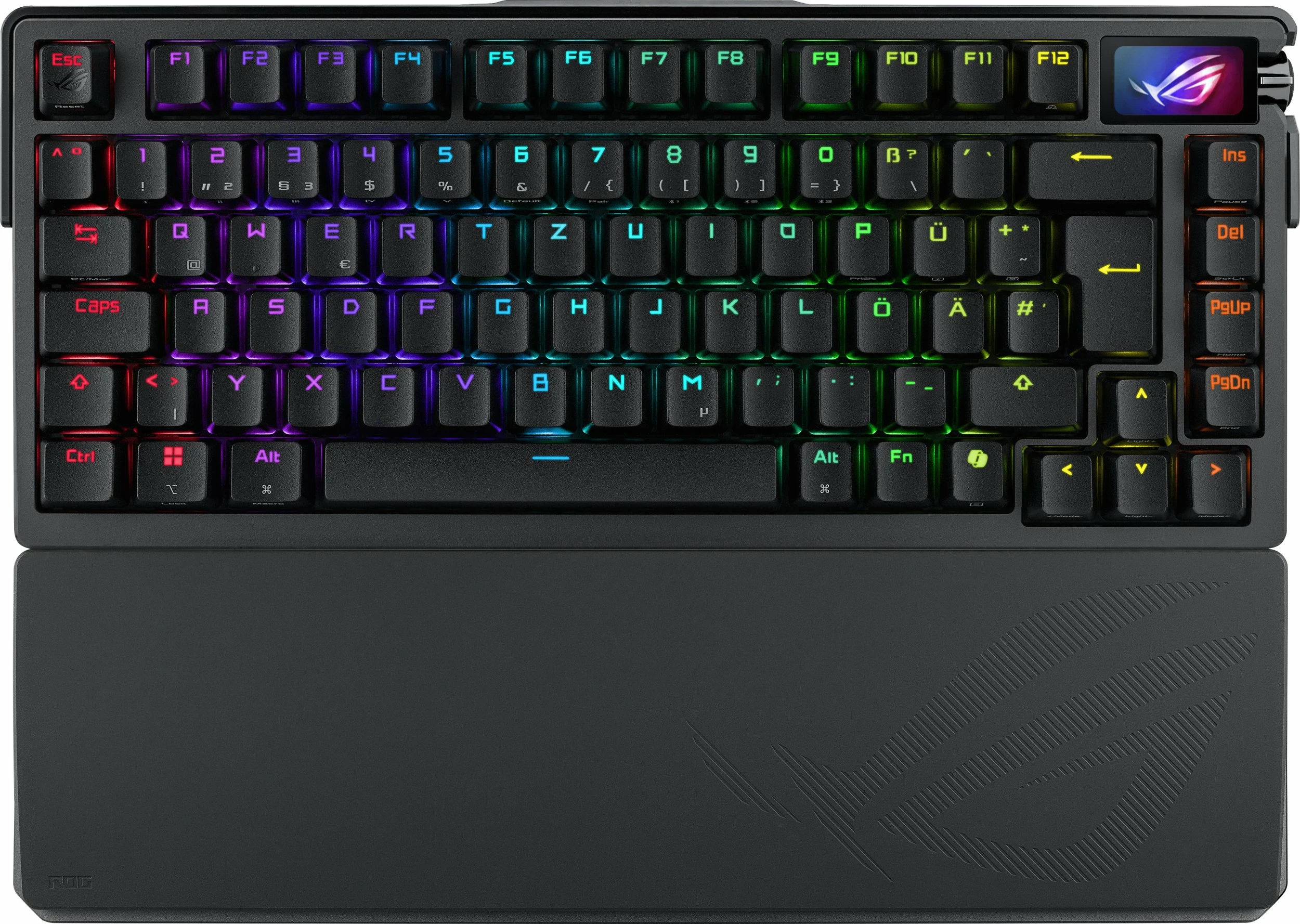 Tastierë gaming mekanike Asus ROG Azoth Extreme 90MP03MA-BKDA01, 75%, NX Snow, RGB, DE layout, me ekran OLED, e zezë, me mbështetëse kyçi