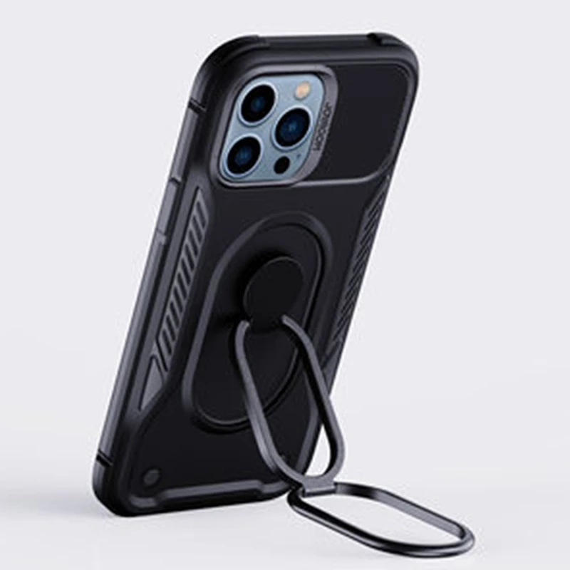Mbështjellës Joyroom Dual Hinge për iPhone 14 Pro, me mbajtëse dhe unazë, i zi