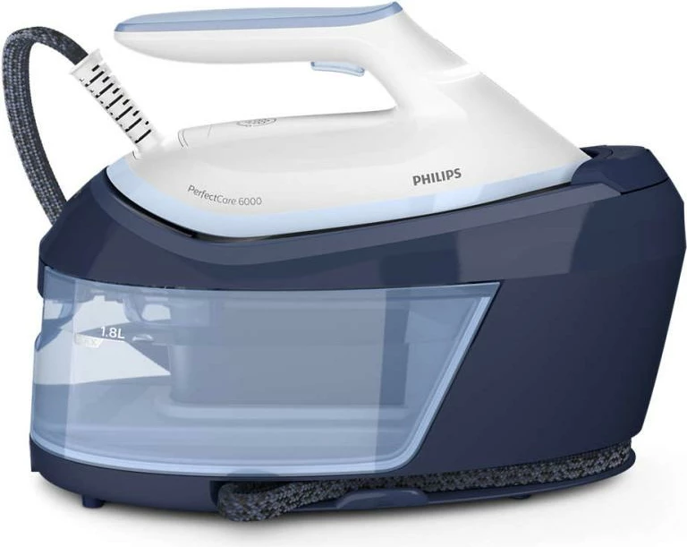 Hekur me avull, Philips, PerfectCare 6000 PSG6026/20, stacion hekurosjeje kompakt, depozitë uji 1.8 L, teknologji OptimalTEMP, blu/bardhë