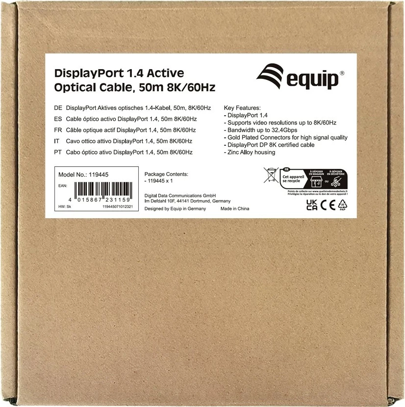 Kabëll optik aktiv DisplayPort 1.4 Equip, 50m, 8K/60Hz, i zi