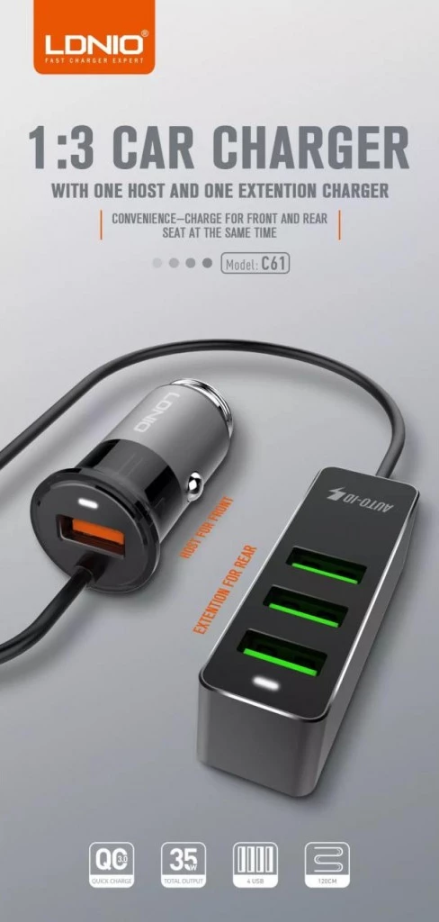 Karikues veture LDNIO C61 35W 12/24V 4x USB (1x Quick Charge + 3x USB), i zi