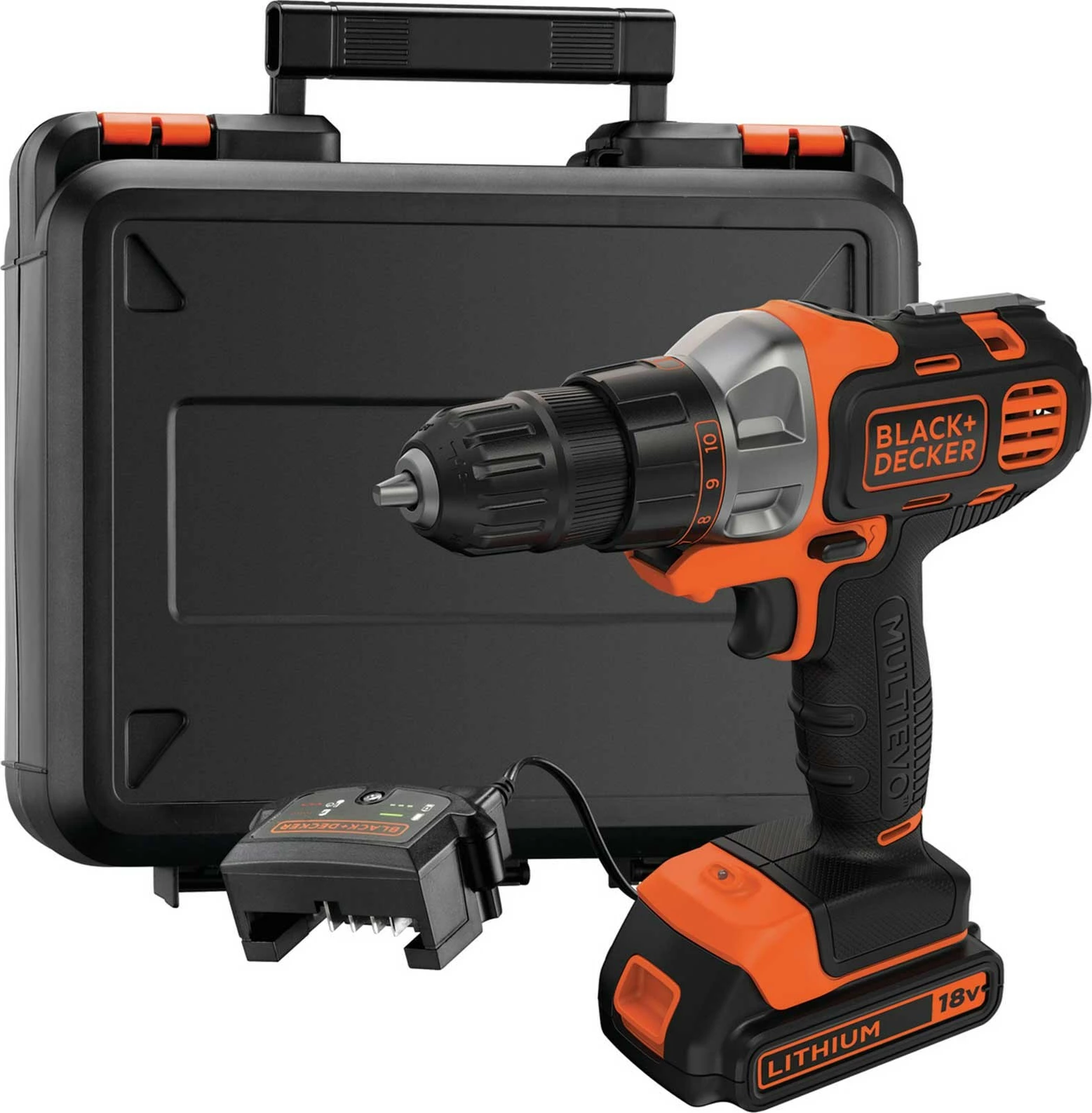 Trapan-vidhosës me bateri Black&Decker Multievo MT218K 18V 1.5Ah Li-Ion, set me 1 bateri + karikues + valixhe, zi/portokalli