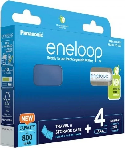 Bateri të rikarikueshme Panasonic Eneloop BK-4MCDE/4CP+CASE AAA, 800 mAh, 4 copë, e bardhë me kuti