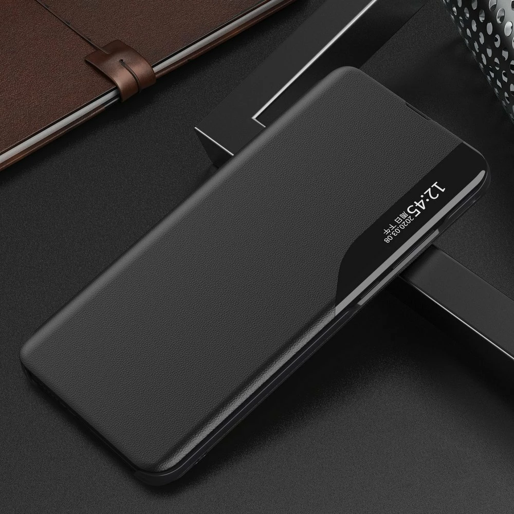 Mbështjellës Hurtel Eco Leather View Case për Samsung Galaxy A02s EU, me kapak dhe qëndrim, i zi
