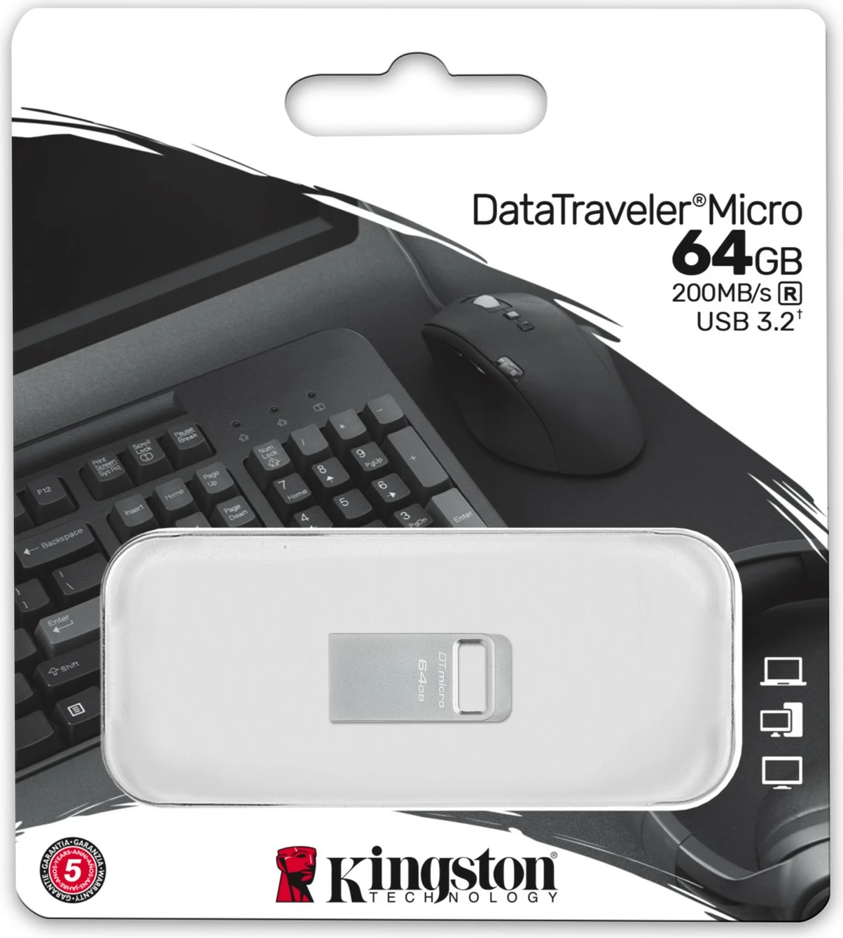 USB Kingston DataTraveler 64GB Micro 200MB/s Metal USB 3.2 Gen 1, Argjendtë