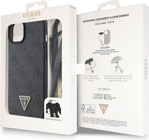 Mbështjellës Guess Crossbody 4G Metal Logo për iPhone 15/15 Plus, i zi, me rrip