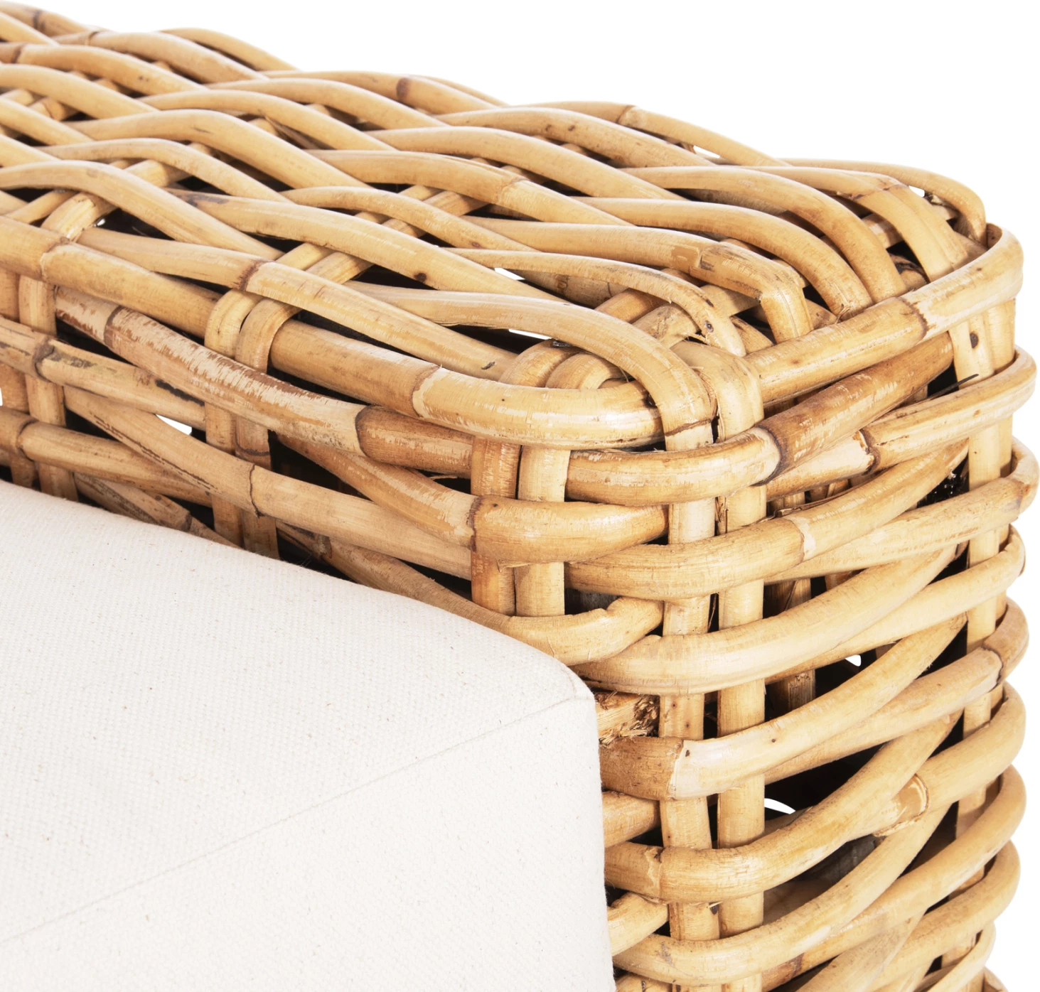 Divan për jashtë, 3 ulëse, dru mango-ratan, ngjyrë natyrale, jastëkë të bardhë, 216x88x70-85H cm