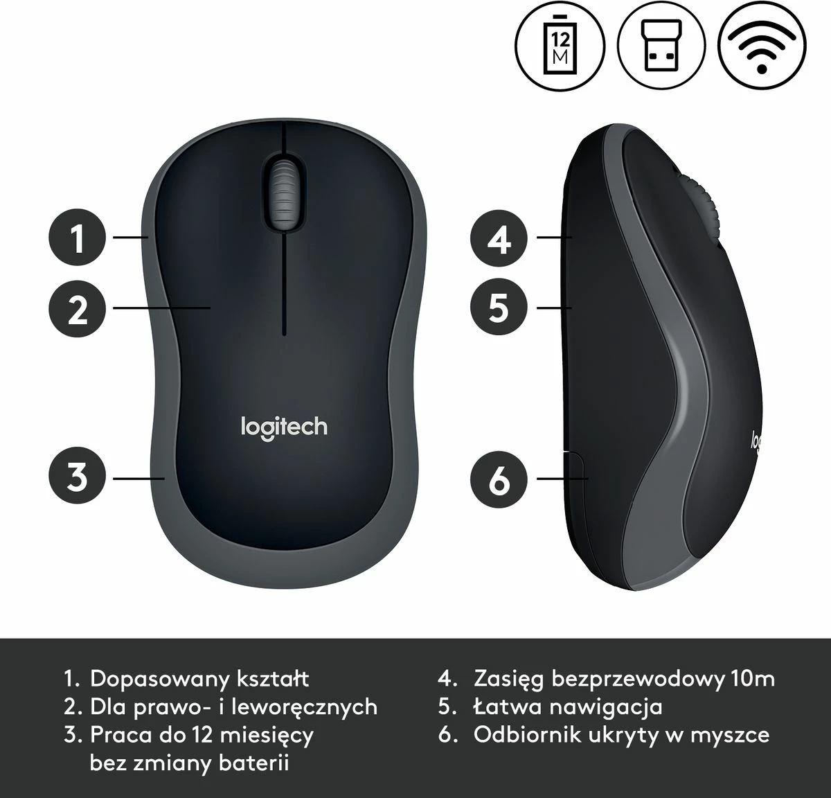 Maus Logitech M185 1000 DPI wireless me USB receiver, zi-gri