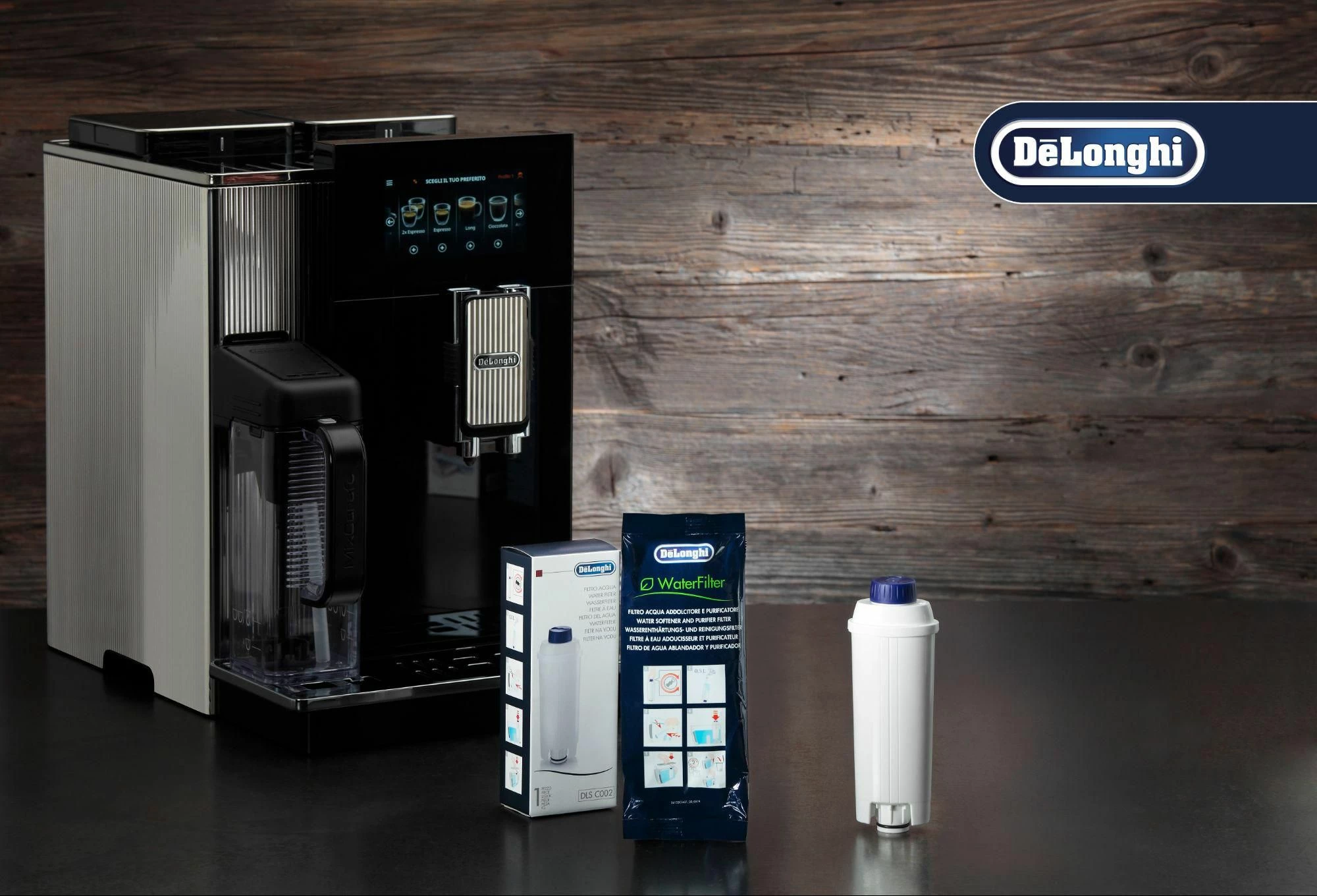 Filter uji DeLonghi DLSC002 (5513292811), për aparat espresso/kafeje, 1 copë, bardhë/blu
