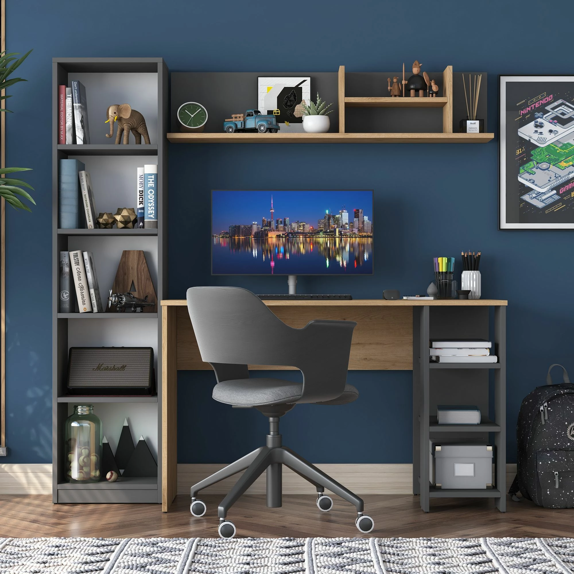 Set tavoline studimi me raft librash Skye Decor, HA125 - 2699, ngjyrë arre dhe antracit
