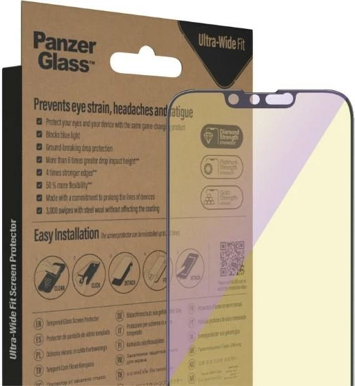 Xham mbrojtës PanzerGlass Ultra-Wide Fit me filtër dritës blu dhe EasyAligner për iPhone 14/13 Pro/13