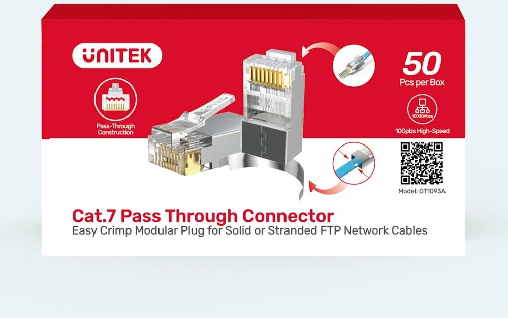 Konektor modular RJ45 pass-through Unitek OT1093ATP01, Cat.7, 50 copë