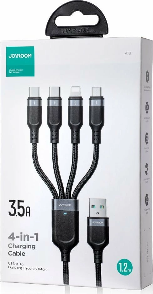 Kabllo USB Joyroom S-1T4018A18 (JYR776) USB-A në 2x USB-C + Lightning + microUSB 1.2 m, e zezë
