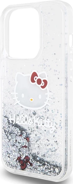 Mbështjellës Hello Kitty Liquid Glitter Charms Kitty Head për iPhone 15 Pro, argjend