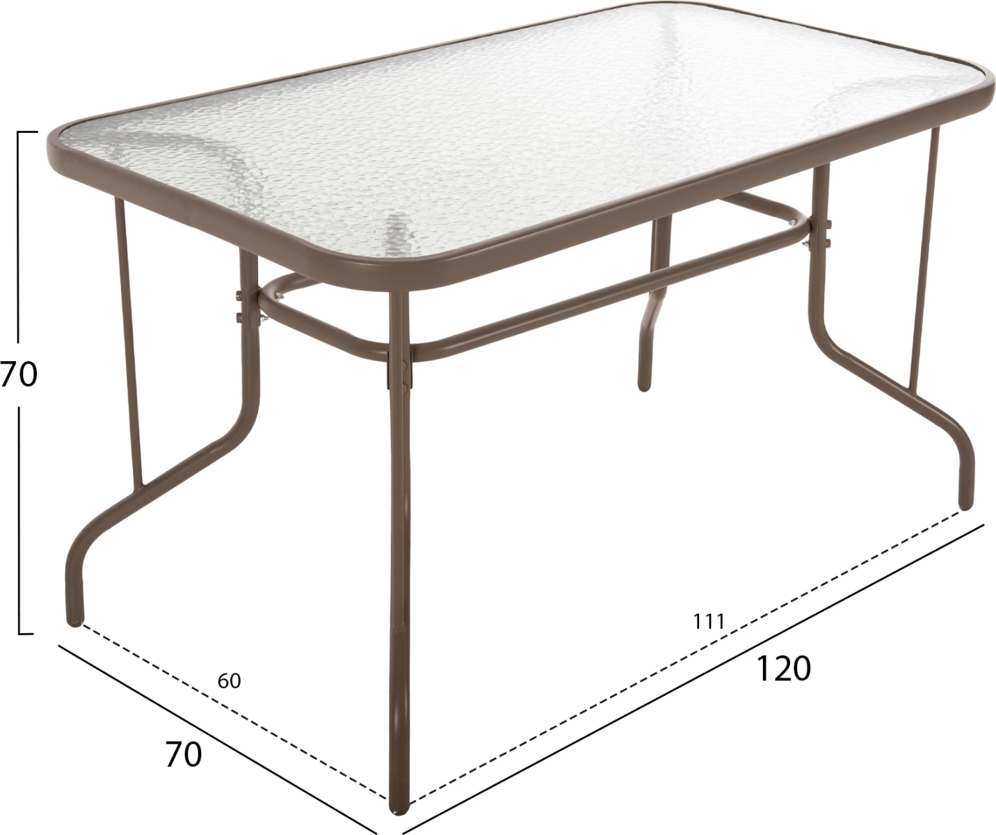 Tavolinë metalike për jashtë ADAM, ngjyrë shampanjë, me sipërfaqe xhami të forcuar, 120x70x71H cm