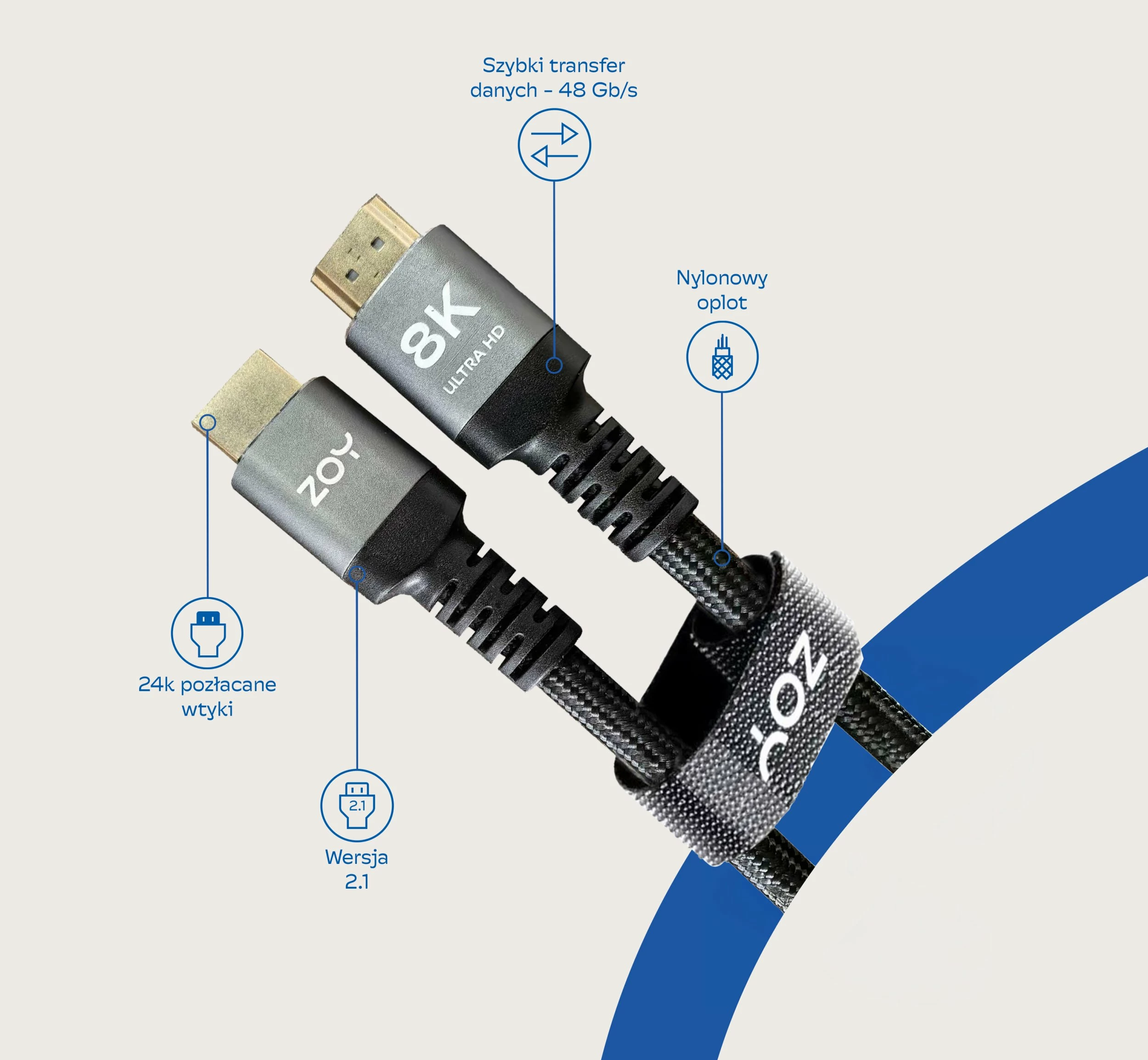 Kabllo HDMI ZOY ZCH3, 3m, HDMI 2.1, 8K 60Hz / 4K 120Hz, 48Gbps, e thurur nylon, konektorë të veshur me ar, e zezë