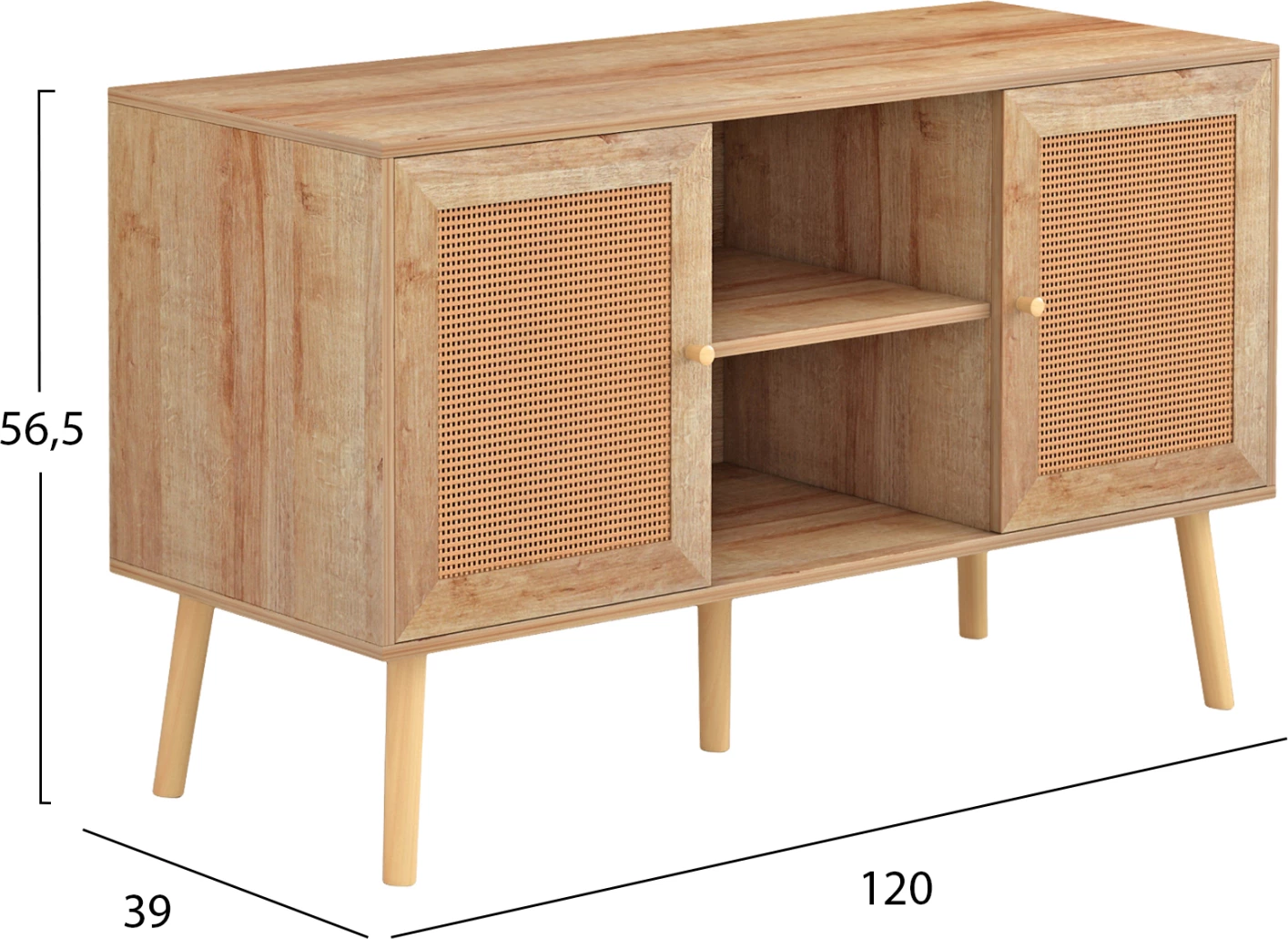Mbajtës TV melamine me dyer rattan, ngjyrë natyrale, FH9223.11, 120x39x56.5 cm