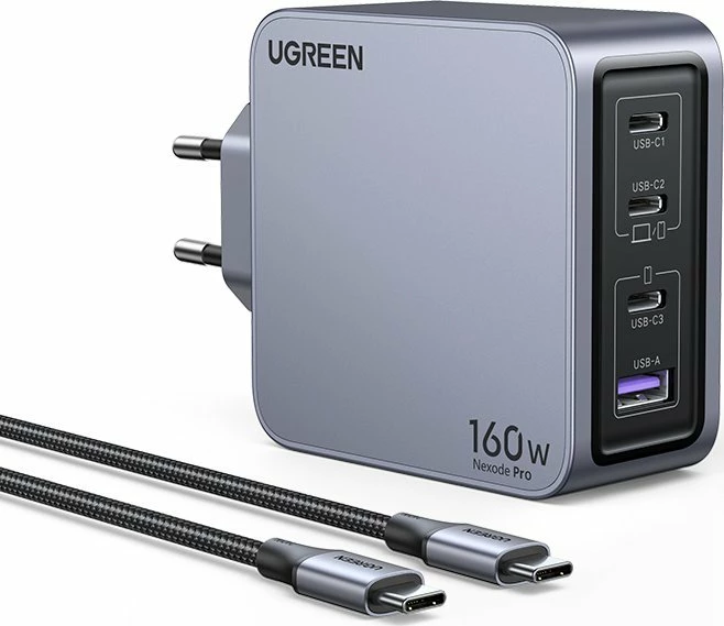 Karikues Ugreen Nexode Pro UGR1838 160W, 1x USB-A + 3x USB-C, GaN II, me kabllo, gri