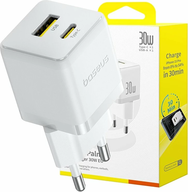 Karikues Baseus Palm BSU9056 30W 1x USB-A 1x USB-C Quick Charge/PD, i bardhë