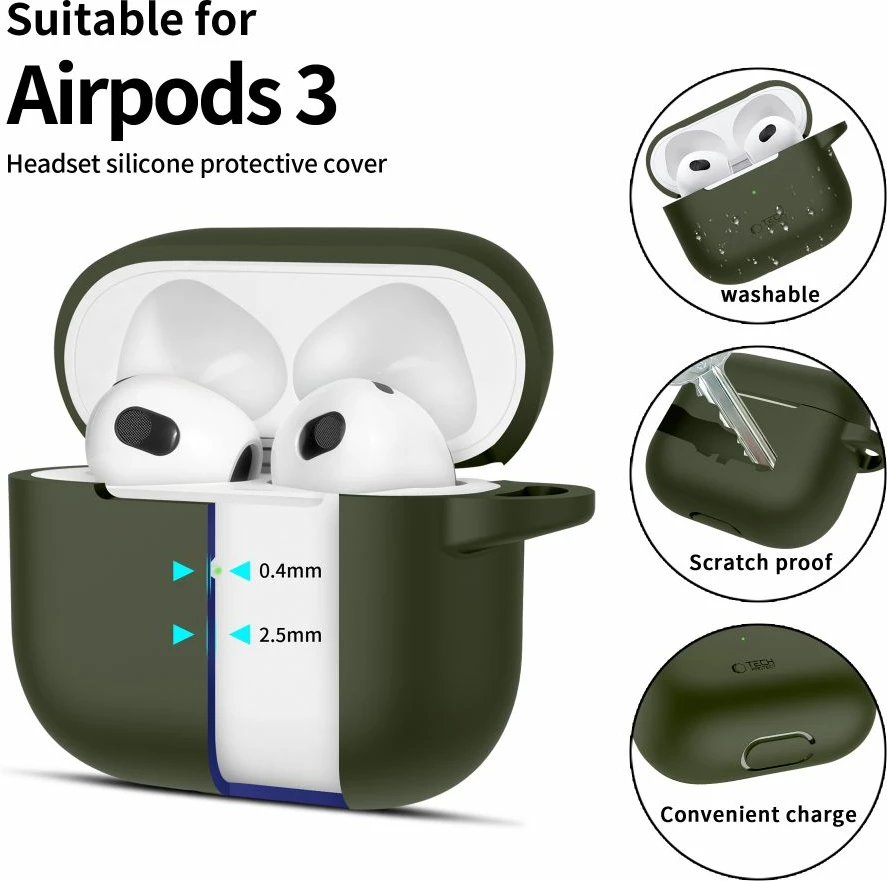 Mbështjellës Tech-Protect për AirPods 3, silikon, me karabiner, Gjelbër