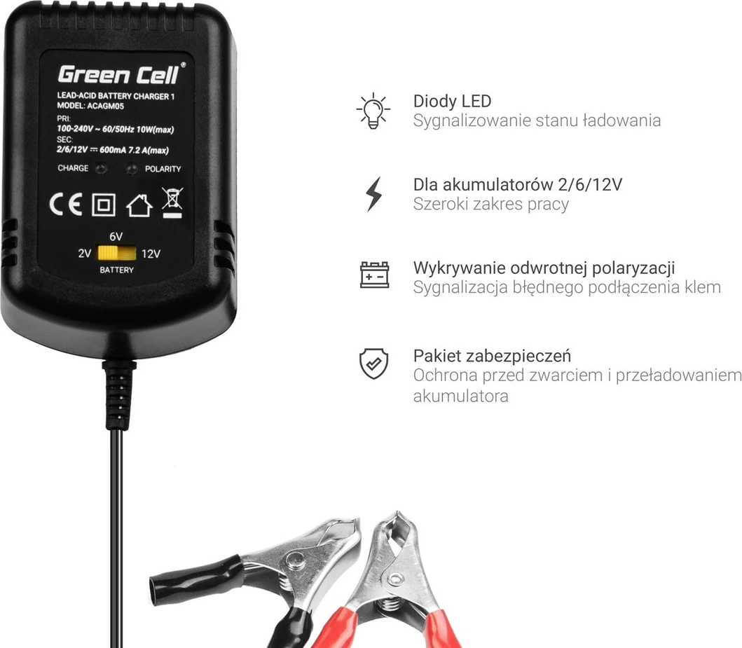 Mbushës baterie për vetura Green Cell ACAGM05, 2/6/12 V, i zi